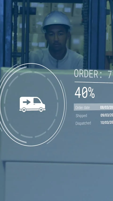 Animation of data processing against male worker operating a forklift at Stock Footage 344783827