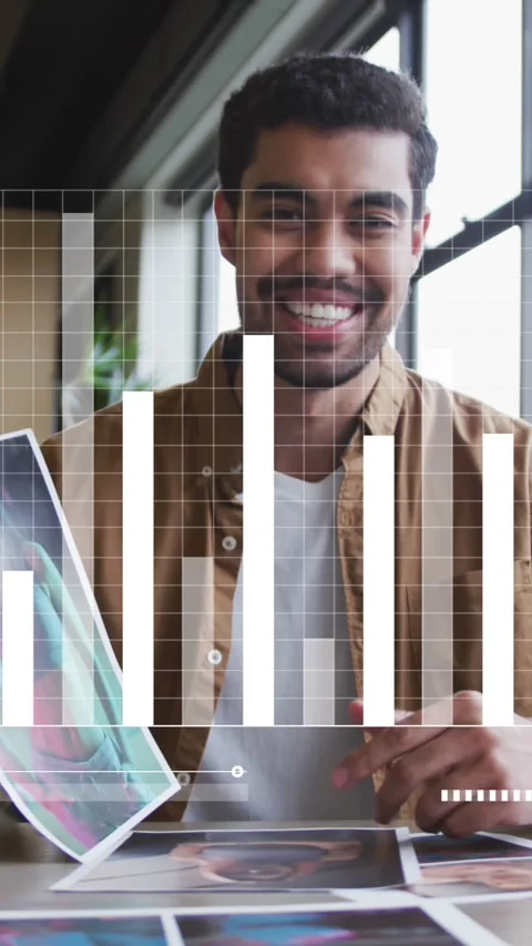 Animation of data processing against man showing documents talking on video call Stock Footage 320854750