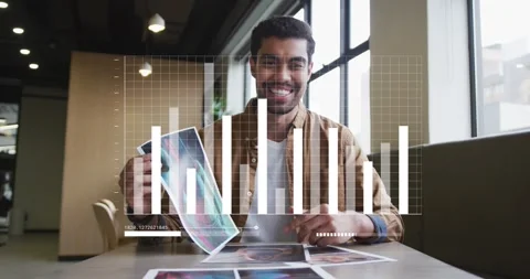 Animation of data processing against man showing documents talking on video call Stock Footage 328303822