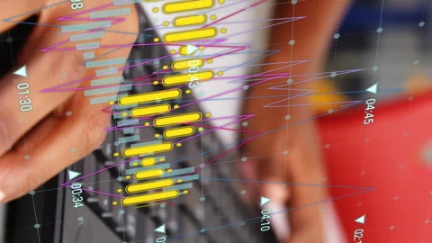 Animation of data processing against mid section of a boy using computer at 스톡 동영상 312442389