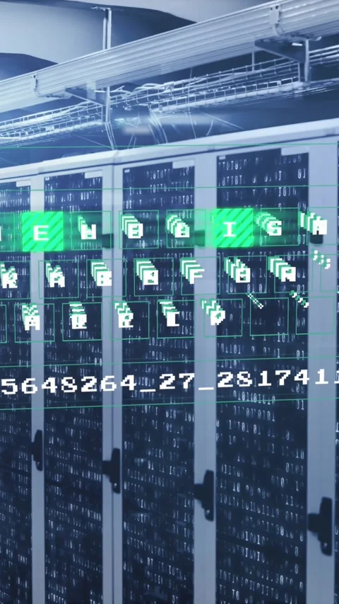 Animation of data processing against mosaic squares over computer server room Video stock 341991547