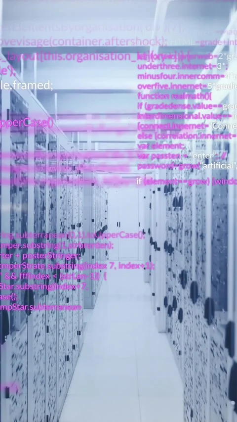 Animation of data processing against mosaic squares over computer server room Stock Footage 344524824