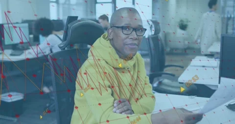 Animation of data processing against portrait of biracial man holding a document Stock Footage 249325642