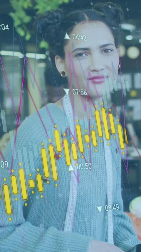 Animation of data processing against portrait of female fashion designer smiling Stock Footage 344766174