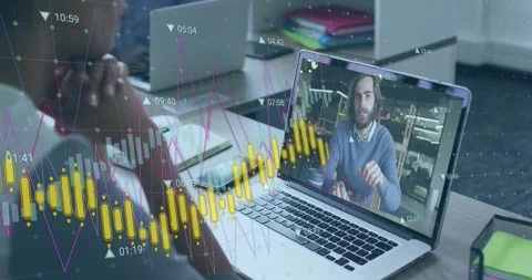 Animation of data processing against rear view of a woman having a video call on Video stock 330342227
