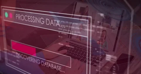 Animation of data processing against rear view of woman having a video Video stock 330658310