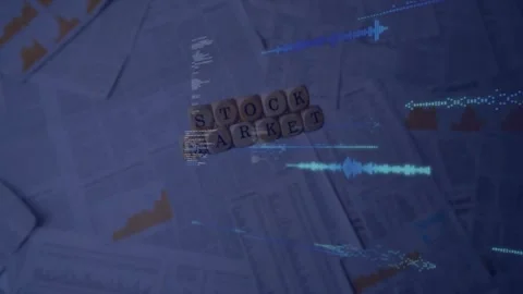 Animation of data processing against stock market text blocks falling over Stock Footage 329924078