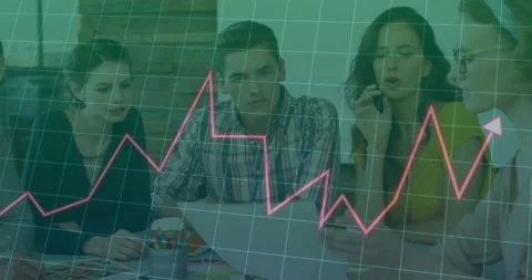Animation of data processing against team of diverse colleagues discussing over Stock Footage 328087748