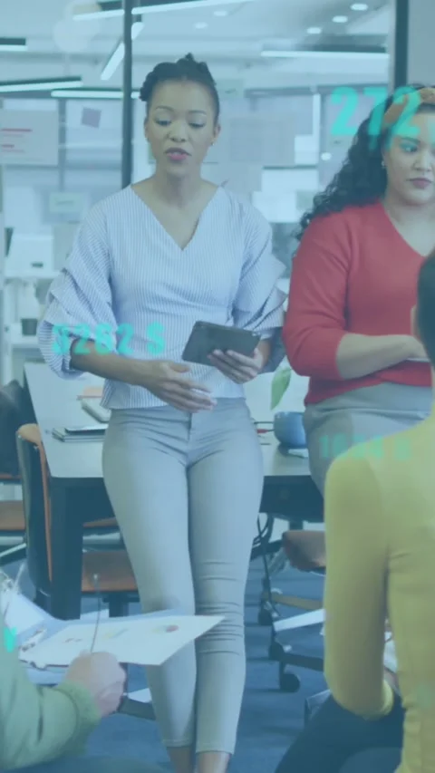 Animation of data processing against team of diverse colleagues discussing Stock Footage 344775050