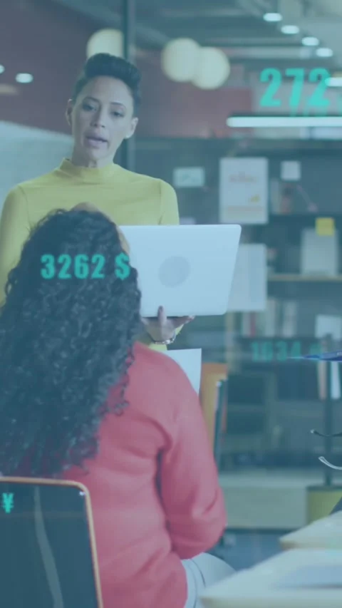Animation of data processing against team of diverse colleagues discussing Stock Footage 344775051