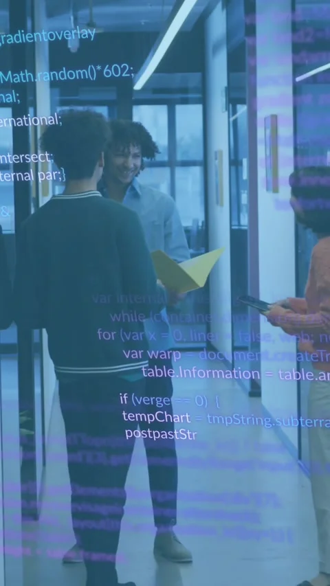 Animation of data processing against team of diverse colleagues discussing Stock Footage 344783731