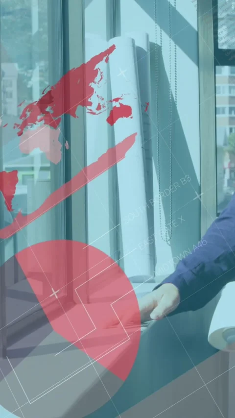 Animation of data processing against thoughful caucasian woman looking out of Stock Footage 344775241