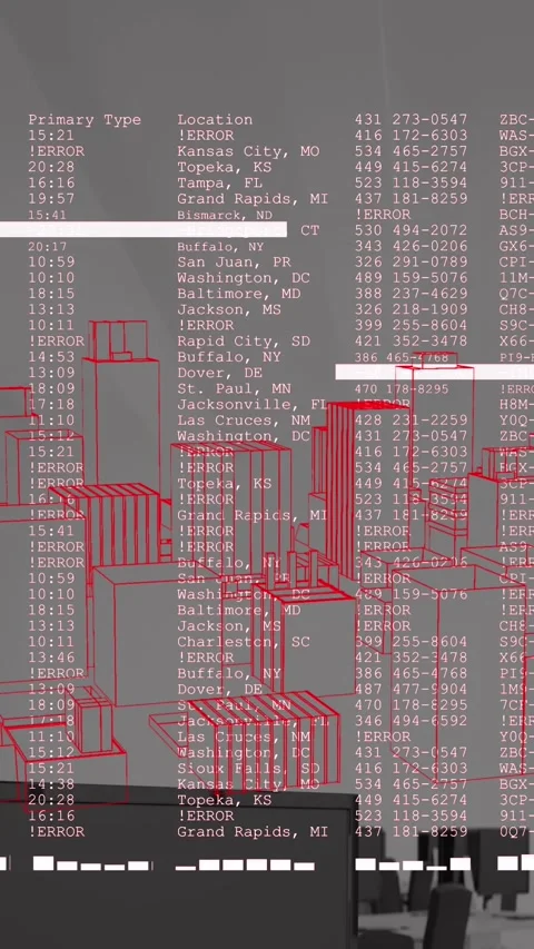 Animation of data processing and 3d spinning city model against empty office Stock Footage 321381555