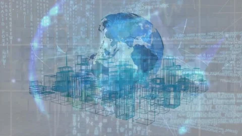 Animation of data processing and 3d city model over grey background Stock Footage 329222782