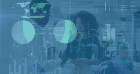 Animation of data processing and 3d city model over diverse man and woman Stock Footage 329922913