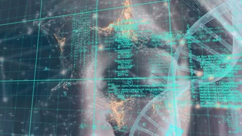Animation of data processing and 3d dna strand spinning over caucasian woman's Stock Footage 329971006