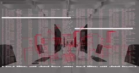 Animation of data processing and 3d spinning city model against empty office Stock Footage 330179470