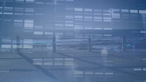 Animation of data processing and african american woman running over seascape Stock Footage 327783873