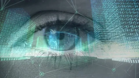 Animation of data processing and binary coding over blue eye Video stock 171618018