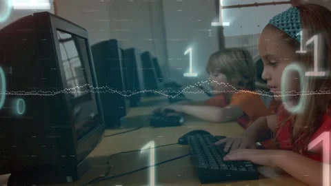 Animation of data processing and binary coding against caucasian girl using Stock Footage 203882167