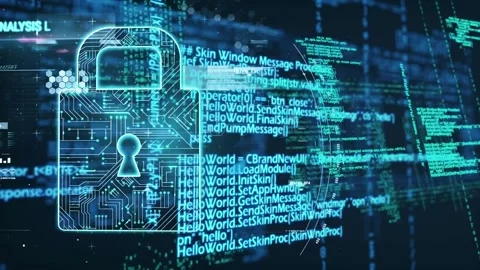 Animation of data processing and binary coding over padlock circuit board in Stock Footage 220375347