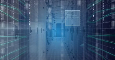 Animation of data processing and binary data over grid and server room Stock Footage 244735959