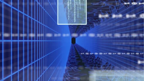Animation of data processing and binary coding over grid Stock Footage 312386026