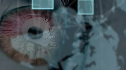 Animation of data processing and binary coding over eye and world map Video stock 312521098