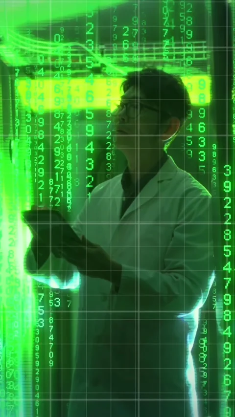 Animation of data processing and binary coding over asian technician and Stockbeeldmateriaal 320165196