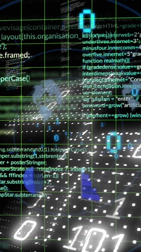 Animation of data processing and binary coding over grid Stockbeeldmateriaal 322034643