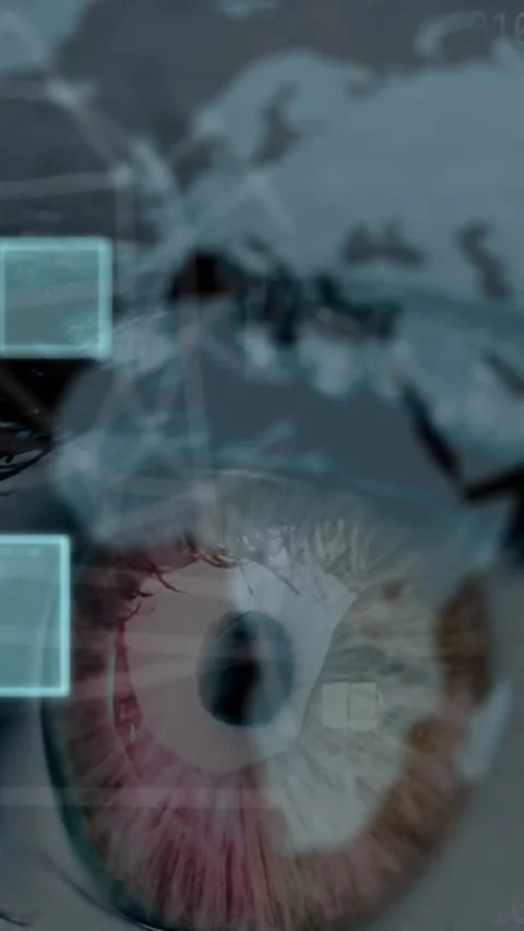 Animation of data processing and binary coding over eye and world map Video stock 323898290