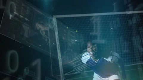 Animation of data processing and binary coding over african american goalkeeper Stock Footage 325963748