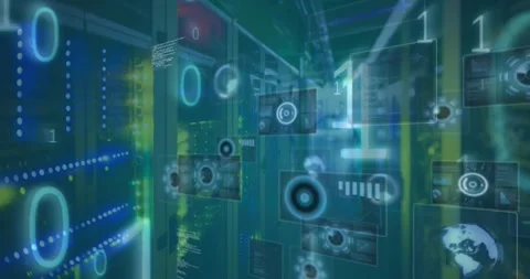 Animation of data processing and binary coding against computer server room Stock Footage 326757684