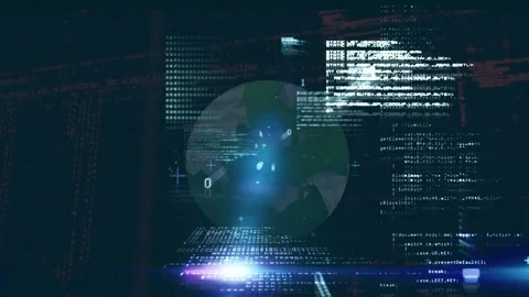 Animation of data processing and binary coding with globe on blue background Stock Footage 327782608