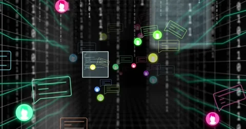 Animation of data processing and binary coding over icons Stock Footage 328229047