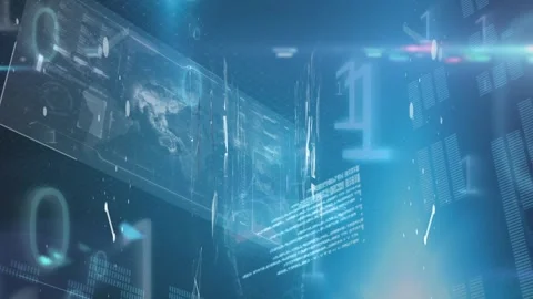 Animation of data processing and binary coding on screens over world map Stock Footage 329026817