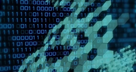 Animation of data processing and binary coding over network of hexagons Stock Footage 329222206
