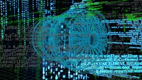 Animation of data processing and binary coding over 3d engine model spinning Stock Footage 329686924