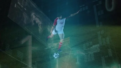 Animation of data processing and binary coding over caucasian football player on Stock Footage 329925699