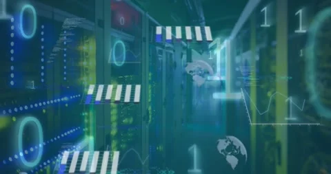 Animation of data processing and binary coding against computer server room Stock Footage 330105809