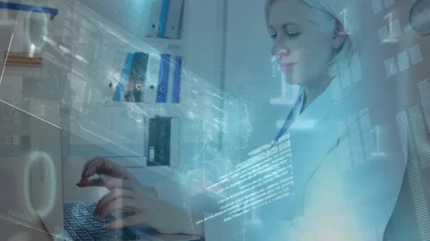 Animation of data processing and binary code over caucasian female doctor using Stock Footage 330167179