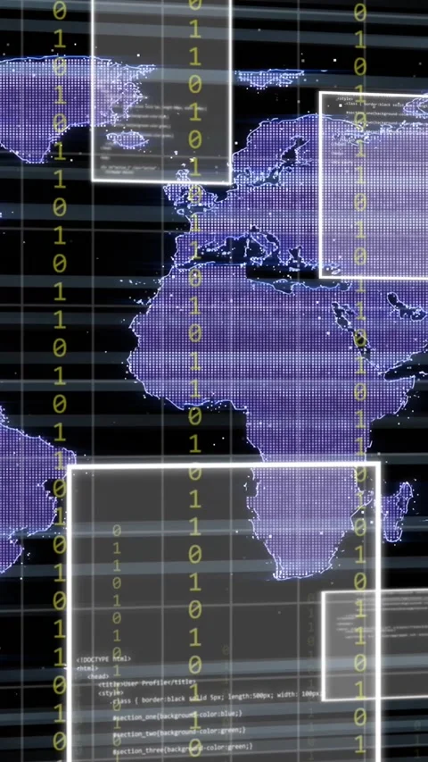 Animation of data processing and binary coding over world map Video stock 342643287