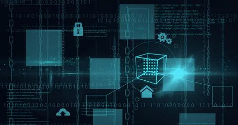 Animation of data processing and binary coding with green squares on black Illustrazione stock