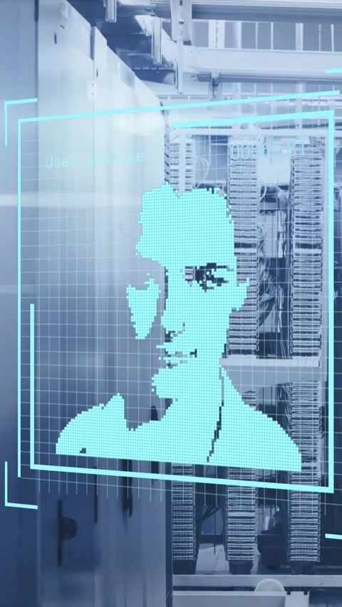 Animation of data processing and biometric photo over computer servers Stock Footage 343828887
