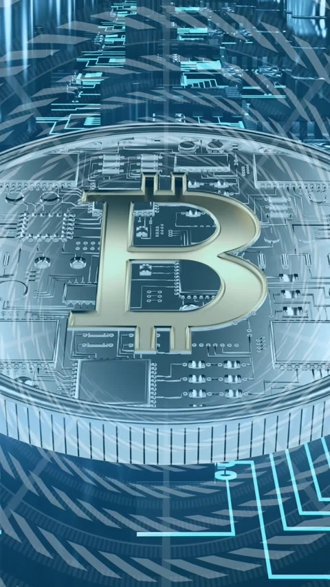 Animation of data processing and bitcoin over computing board Stock Footage 342801776