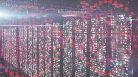 Animation of data processing and blood vessels over dna structures and screens Stock Footage 329564135