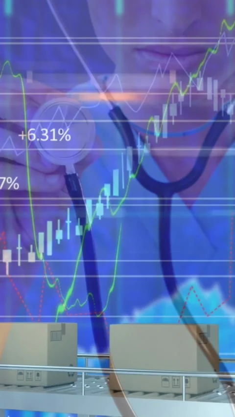 Animation of data processing and boxes on conveyor belt over caucasian female Stock Footage 344706128