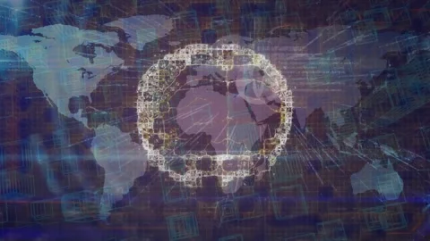 Animation of data processing and brain over world map Stock Footage 329967777
