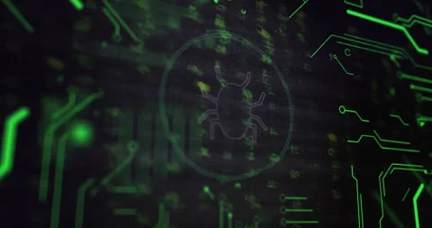 Animation of data processing and bug icon on black background Stock Footage 267833656