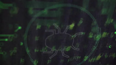 Animation of data processing and bug icon on black background Stock Footage 312848285
